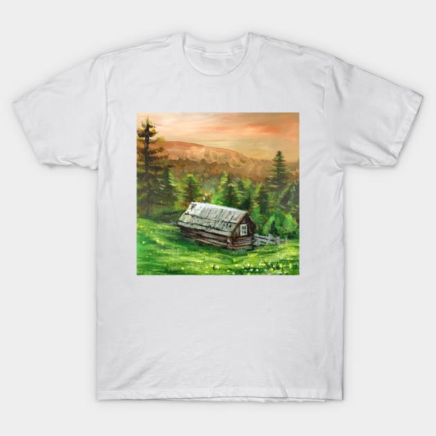 western country farm landscape pine tree old fence mountain rustic log cabin T-Shirt by Tina